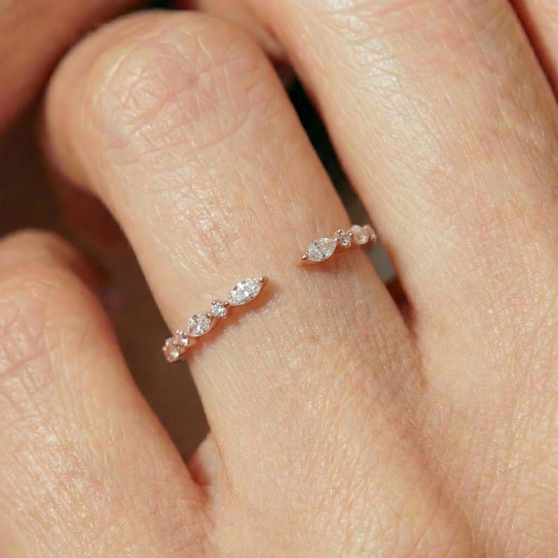 Moissanite Open Gap Wedding Band, Marquise and Round Half Eternity Stackable Matching Ring, Minimalist 14K Gold Band for Women image 5