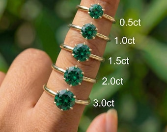 Vibrant Emerald Green Solitaire Ring | Gold Engagement Promise Ring | Round Cut Lab Emerald Simulant | May Birthstone Gift for Her | Multipl