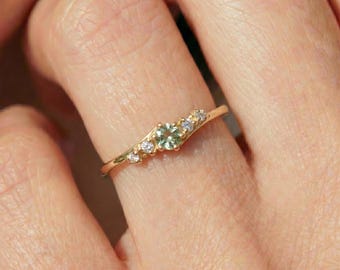 Delicate Green Amethyst & Diamond Accent Gold Ring - Dainty Prasiolite Engagement Ring, Unique Stacking Ring, Anniversary Gift for Her