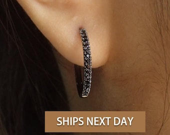 Simulated Black Diamonds Hoop Earrings / Huggies Earrings / Minimalist Eternity CZ Earring / Huggie Hoops Earrings / Mother&#39;s Day Gift