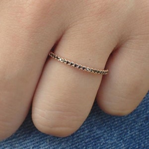 Micro Pave Diamond Wedding Band, Black Diamond Ring, Almost Eternity Band, Solid Gold Thin Dainty Stackable Band