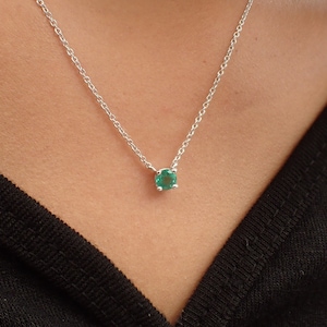 14K White Gold Emerald Necklace / May Birthstones Gift / Natural Gemstone 4.0mm / Prong Set Necklace