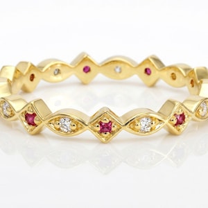 Art Deco Ruby Full Eternity Band Square Marquise Ruby Vintage Inspired Ruby Diamond Band Ruby Wedding Band Solid Gold Platinum Pt950