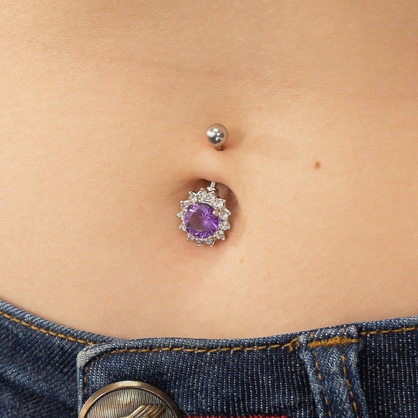 Amethyst Belly Button Ring, Body Jewelry, February Birthstones Gift, Navel Body Piercing Jewelry, Curved Barbell Belly Ring