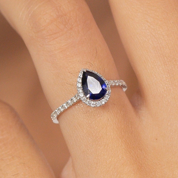 Pear Shaped Blue sapphire Engagement Ring, September Birthstone Ring, Halo Classic Ring, Vintage Blue Anniversary Gift for Women