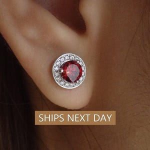 Garnet Halo Stud Earrings / Brilliant Round Diamond Earrings / Everyday Earring / January Birthstone Gift / Classic Earrings