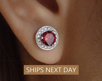 Garnet Halo Stud Earrings / Brilliant Round Diamond Earrings / Everyday Earring / January Birthstone Gift / Last Minute Gifts