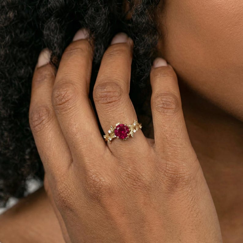 Round Ruby Nature Inspired Engagement Ring, 18K Gold Leaf Branch Ring, July Birthstone Ring, Romantic Bridal Promise Ring image 13