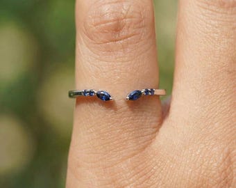Delicate Sapphire Bypass Ring | Sterling Silver Open Band | Marquise & Round Blue Gemstone Ring | September Birthstone Jewelry Gift for Her