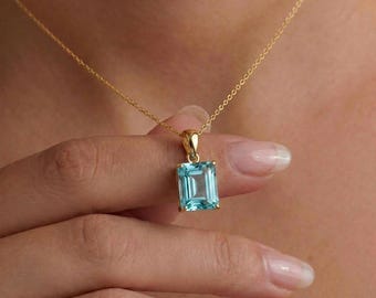 Elegant Emerald Cut Aquamarine Necklace | Dainty Gold Pendant | March Birthstone Jewelry | Minimalist Blue Gemstone Gift for Her