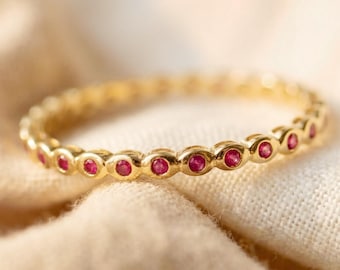 Ruby Eternity Band, Bezel Set Band, 14K Solid Gold Full Eternity Ring, July Birthstone Ring, Delicate Stackable Band