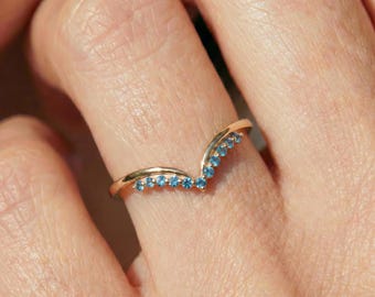 Dainty V Shaped Blue Topaz Ring | Sterling Silver Curved Stacking Band | Wishbone Wedding Ring Enhancer | Delicate Promise Ring for Her