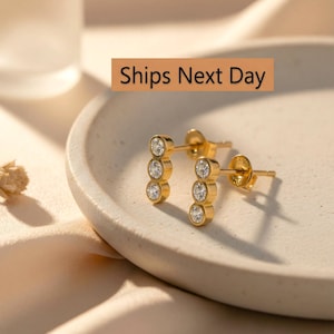 18K Gold Diamond Stud Earrings, Three Stone Minimalist Trio Bar, Everyday Gift for Her
