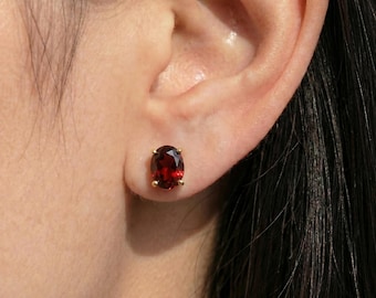 Oval Garnet Earrings January Birthstone Studs, 18K Gold Choice Solitaire, Deep Red Gemstone Jewelry, Minimalist Birthday Gift for Her