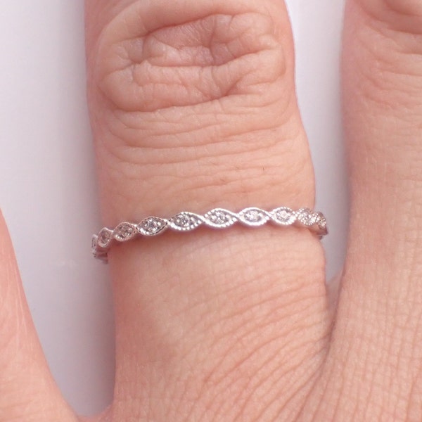 Marquise Shape Eyelet Inspired Band, 14k White Gold Full Eternity Band, Diamond Wedding Band, Thin Dainty Band