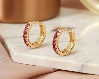 Seven Stone Ruby Huggie Hoop Earrings, July Birthstone Earrings, Dainty Red Gemstone Hoops, Bridesmaid Gift for Her