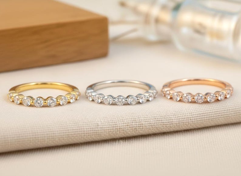 2.0mm Single Prong Diamond Wedding Band, Half Eternity Band Stackable Band, Bridesmaids Gift, Bubble Prong Wedding Ring image 2
