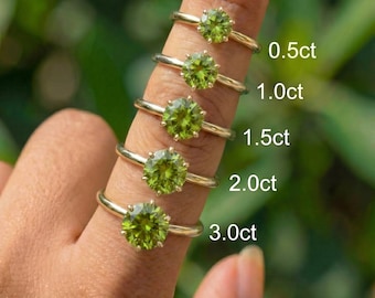 Peridot Solitaire Ring in Gold - August Birthstone Engagement Ring - Dainty Green Gemstone Ring - 0.5ct to 3.0ct Round Cut