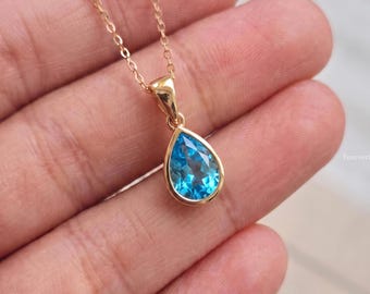 Blue Topaz Teardrop Necklace | 14K Gold Elegant Pear Gemstone Pendant | Minimalist Everyday Fine Jewelry Gift for Her | December Birthstone