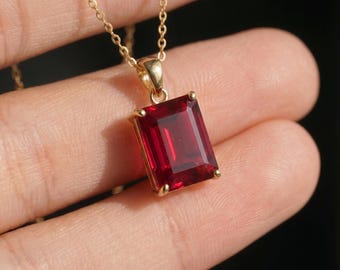 Emerald Cut Ruby Red Gemstone Necklace | Dainty 14K Gold Plated Pendant | Elegant Vintage Style Gift for Her | Anniversary Jewelry