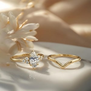 1ct Marquise Moissanite Engagement Ring Set, Marquise Diamond Wedding Ring Set, Promise Ring for Woman, 14K Solid Gold Anniversary Ring Set image 5