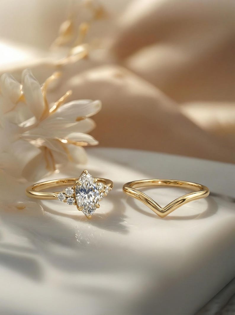 1ct Marquise Moissanite Engagement Ring Set, Marquise Diamond Wedding Ring Set, Promise Ring for Woman, 14K Solid Gold Anniversary Ring Set image 5