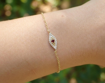 Garnet Evil Eye Bracelet, January Birthstone Protection Jewelry, 14K Gold Talisman Bracelet, Bridesmaid Gift for Her