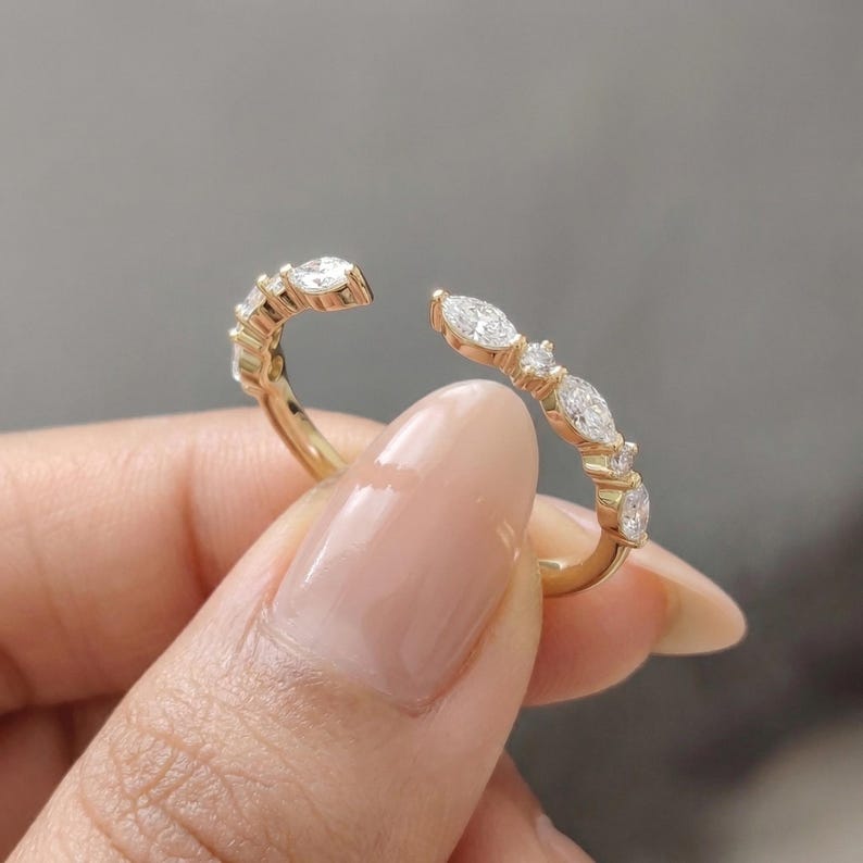 Moissanite Open Gap Wedding Band, Marquise and Round Half Eternity Stackable Matching Ring, Minimalist 14K Gold Band for Women image 12