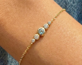 March Birthstone Natural Aquamarine Bezel Bracelet in 14k Gold or Silver - Personalized Bridesmaid Gift