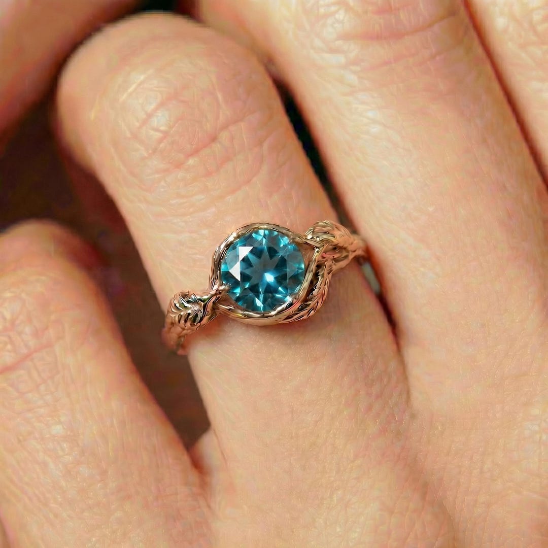Blue Zircon Engagement Ring Leaf Design, December Birthstone Ring ...