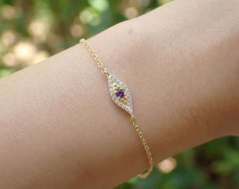 Amethyst Evil Eye Bracelet, February Birthstone Protection Jewelry, Gold Talisman Bracelet, Bridesmaid Gift for Her