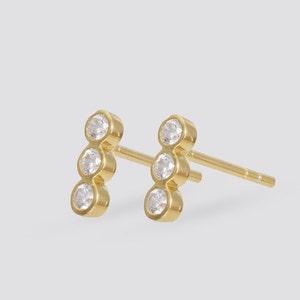 Three Stone Diamond Stud Earrings, 18K Gold Minimalist Earrings Gift for Her, Trio Bar Stud Earrings