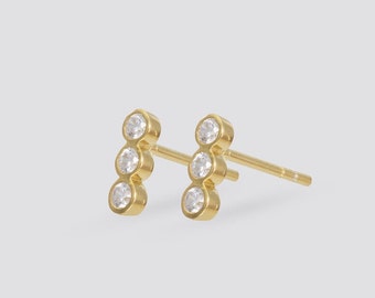 Orecchini a bottone con tre diamanti in pietra, orecchini minimalisti in oro 18 carati regalo per lei, orecchini a bottone Trio Bar