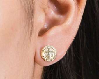 Cross Stud Earrings, Disc Stud Earrings, Tiny Cross Stud Earrings, Minimalist Earrings Gift for Her