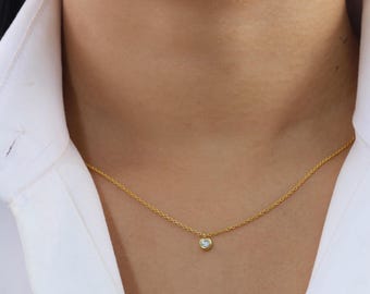 Solitaire Diamond Necklace in 14k Gold / Dainty Diamond Necklace / Bezel Diamond Necklace / Everyday Necklace