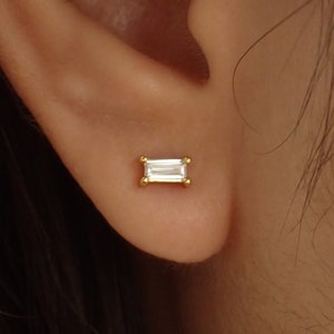 Moissanite Stud Earrings / Minimal Dainty Earrings / Bridesmaid Gift / Rectangular Post Earrings / Cartilage Earrings