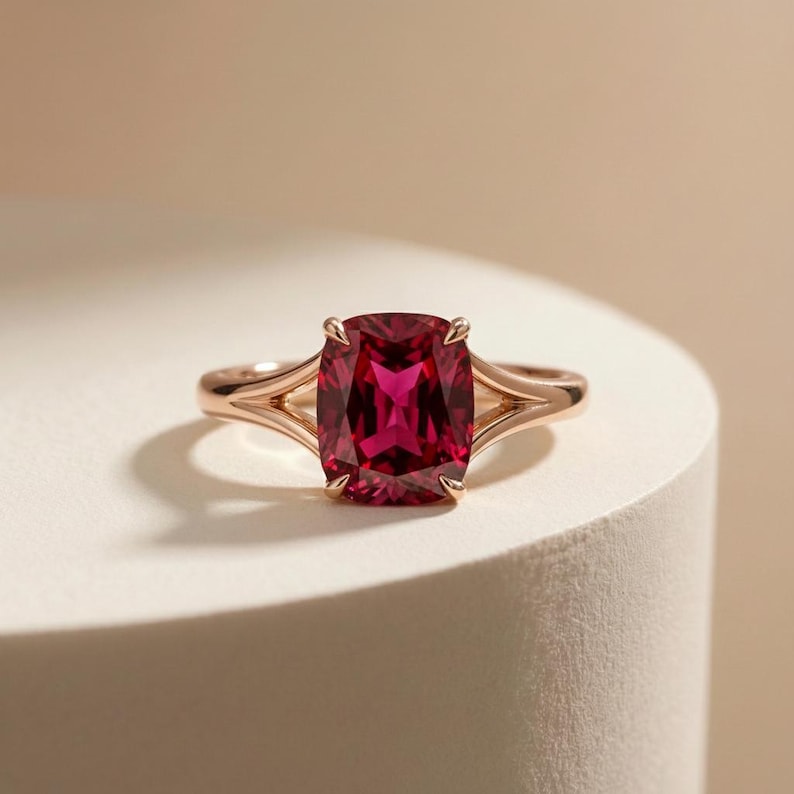 Cushion Cut Ruby Engagement Ring, Modern Split Shank Solitaire, Vintage ...