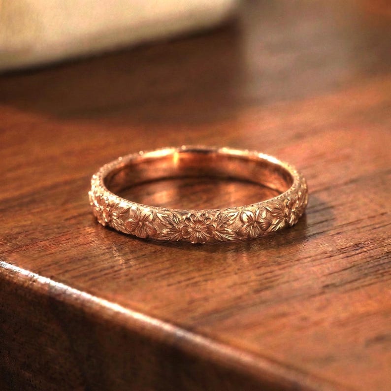Anello nuziale floreale con primula viola, anello antico in oro semplice 10K/14K/18K con fiore unico, anello con fiore di nascita di febbraio immagine 6