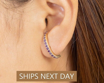 Amethyst Curved Bar Stud Earrings, February Birthstone Earrings, Channel Set Purple Gemstone Ear Climbers, Bridesmaid Gift
