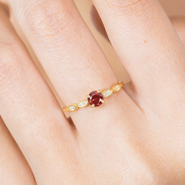 Garnet and Diamond Engagement Ring, January Birthstone, Garnet Ring, 18k Gold Unique Promise Ring, Marquise Ring