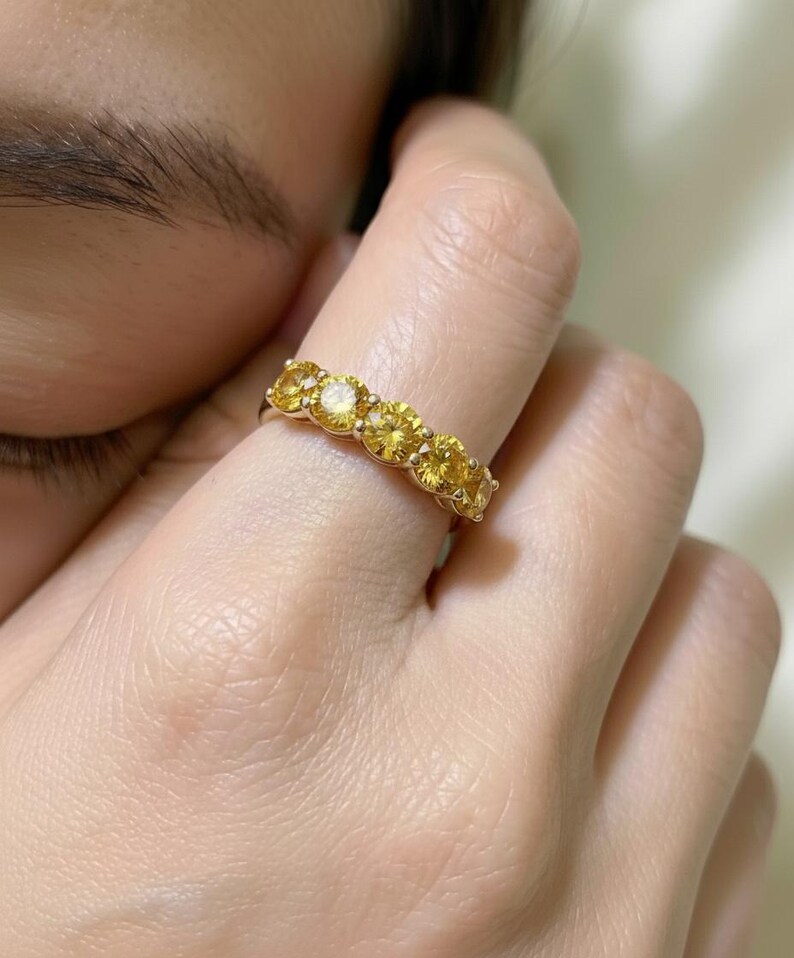 Yellow Sapphire Wedding Band 3.50ctw 7 Stone Anniversary Ring Yellow Gemstone Eternity Band September Birthstone image 1