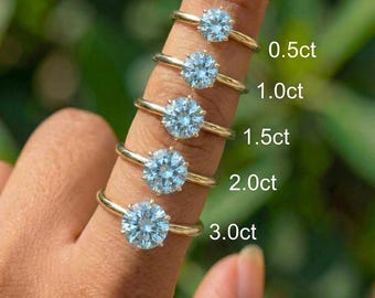 Aquamarine Solitaire Ring | 14K Gold Engagement Ring | Round Blue Gemstone Promise Ring | March Birthstone Wedding Ring