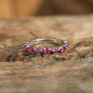 Delicate Pink Tourmaline Eternity Band Ring | 14K Gold Marquise & Round Gemstone Stacking Ring | October Birthstone Gift for Her image 10