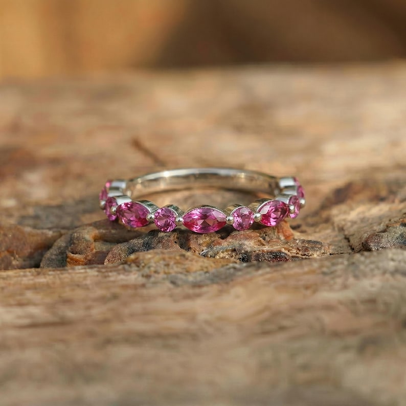 Delicate Pink Tourmaline Eternity Band Ring | 14K Gold Marquise & Round Gemstone Stacking Ring | October Birthstone Gift for Her image 10