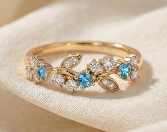 Blue Zircon Leaf Wedding Band, Nature Inspired Floral Cluster Ring for Her – December Birthstone Gift – 14K Gold Moissanite Jewelry