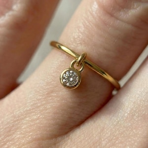 2.5mm Moissanite Dangle Ring / 1mm Gold Thin Ring / Moissanite Stacking Ring / Lovely Gifts for Anyone