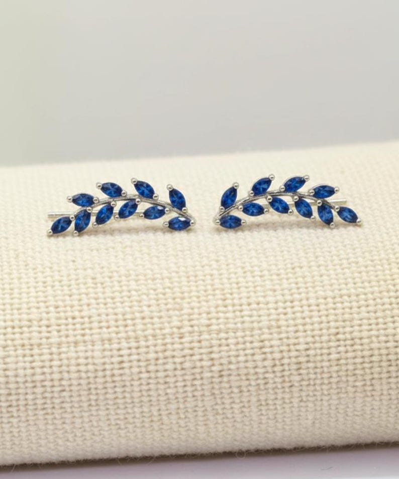Blue Sapphire Earring Climber / September Birthstone Gift / Marquise Ear Crawlers Earrings / Ear Climber Earrings / Bridesmaid Gift image 5
