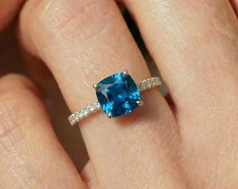 Cushion Cut Swiss Blue Topaz & Diamond Ring, 14K Gold Pave Band, December Birthstone Engagement Ring, Gift for Her