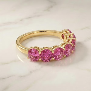 Pink Tourmaline Wedding Band 3.50ctw Round Cut 7 Stone Anniversary Ring Pink Gemstone Eternity Band October Birthstone image 4