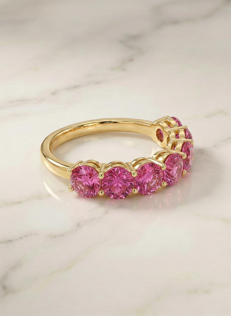 Pink Tourmaline Wedding Band 3.50ctw Round Cut 7 Stone Anniversary Ring Pink Gemstone Eternity Band October Birthstone image 4